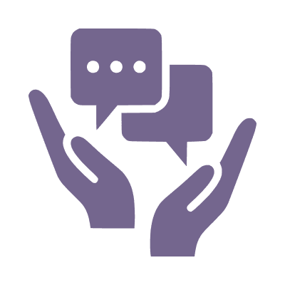 Hands holding speech bubbles icon.